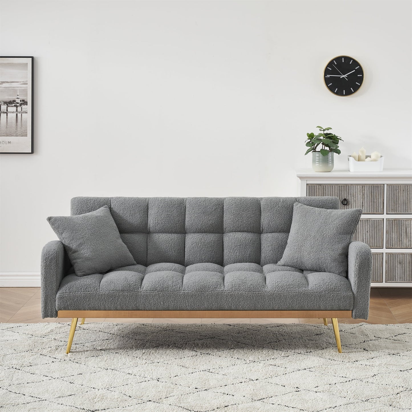 Aukfa Square Tufted Futon Convertible Sofa Bed for Home Office, 2 Pillows, Teddy Fleece, Gray