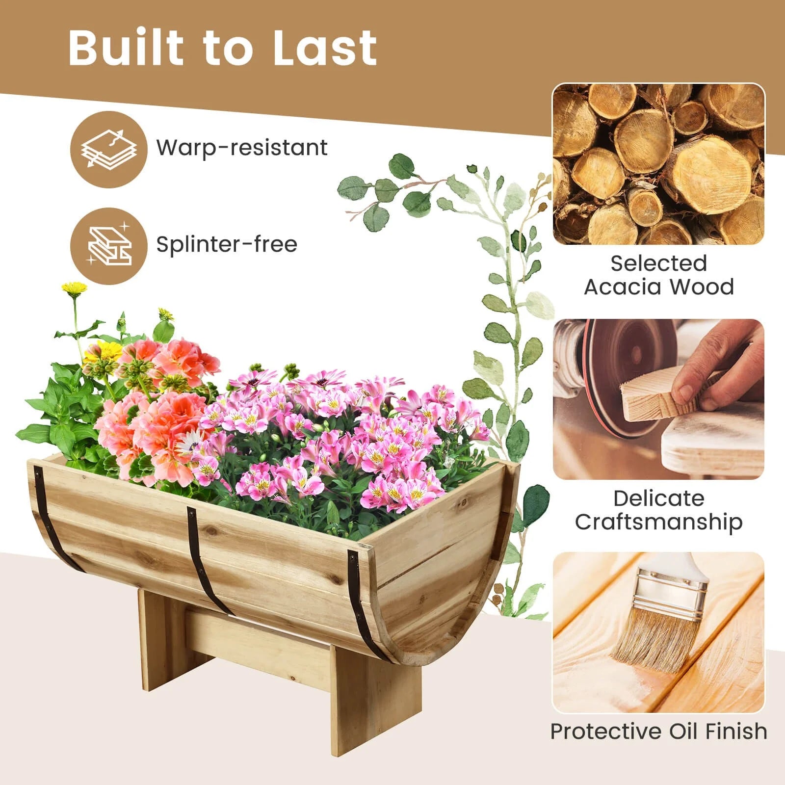 YJETYH Natural Wooden Planter Boxes, 2-Pack 18"x12"x11.5" Acacia Wood & Metal Half Whiskey Barrel Planters, 0.7 Gal Capacity for Indoor & Outdoor