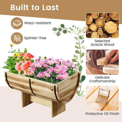 YJETYH Natural Wooden Planter Boxes, 2-Pack 18"x12"x11.5" Acacia Wood & Metal Half Whiskey Barrel Planters, 0.7 Gal Capacity for Indoor & Outdoor
