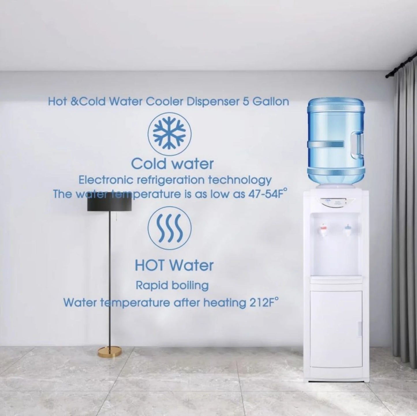 Water Cooler Dispenser 5 Gallon, Water Dispenser Hot & Cold Top-Loading Water Cooler for 5 Gallon Bottle with Child Safety Lock Removable Drip Tray & Storage Cabinet for Home Office