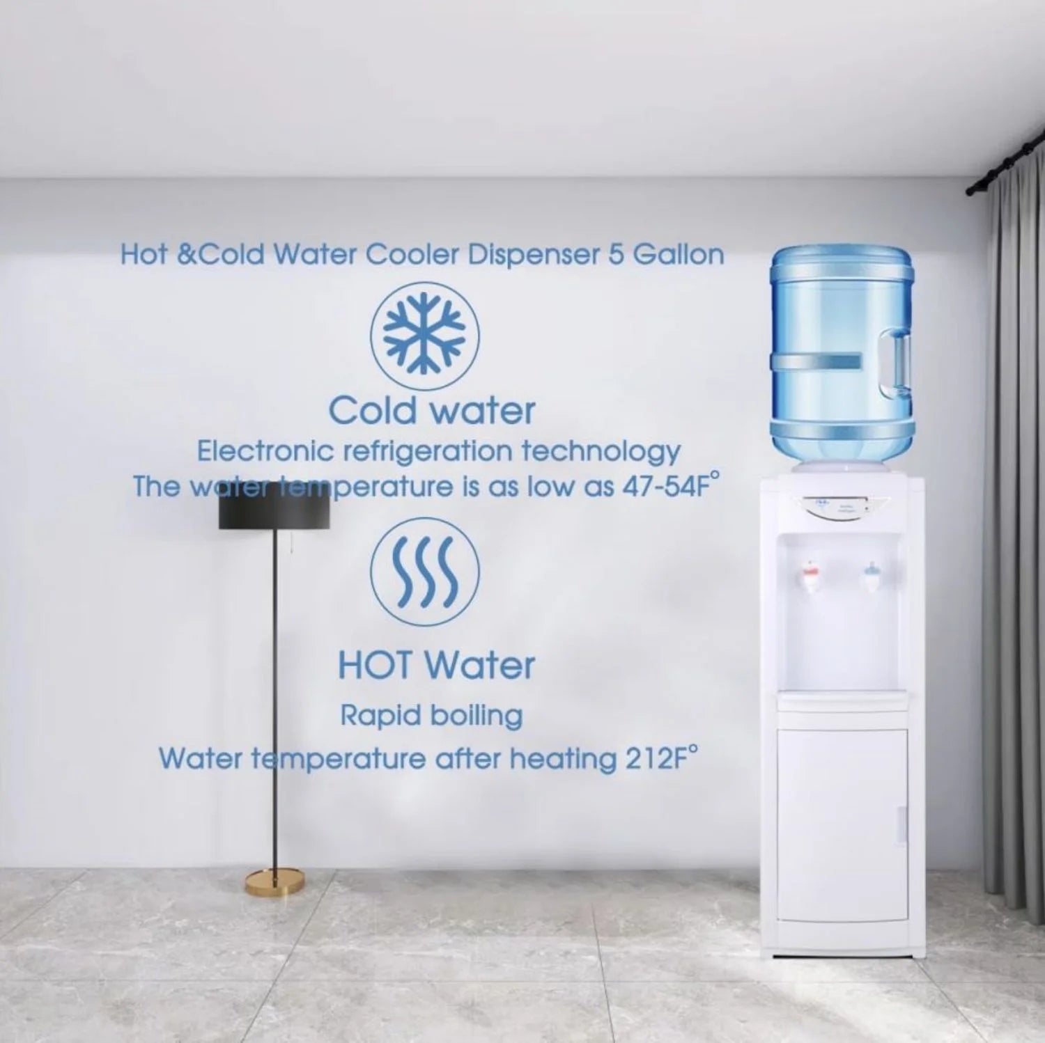 Water Cooler Dispenser 5 Gallon, Water Dispenser Hot & Cold Top-Loading Water Cooler for 5 Gallon Bottle with Child Safety Lock Removable Drip Tray & Storage Cabinet for Home Office