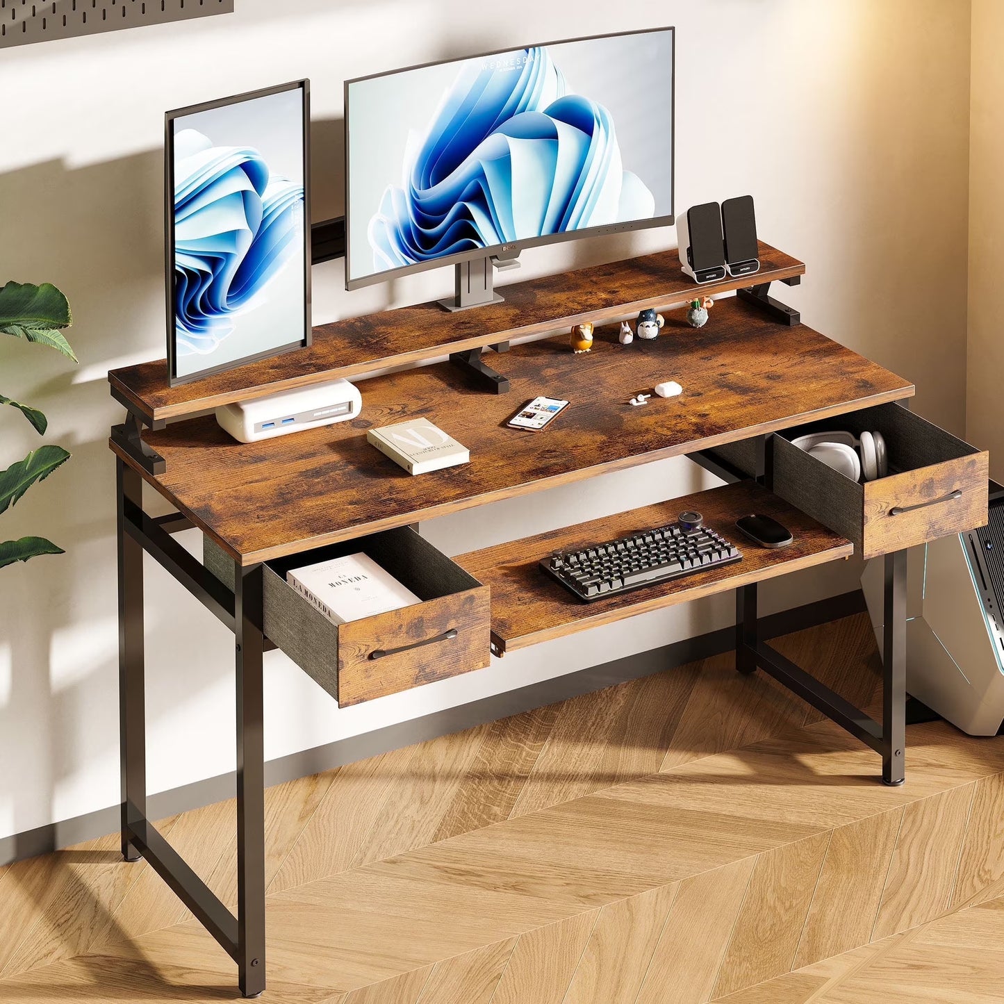 White Computer Desk with Drawers for Storage - 48 inch Home Office Desk with 8 Fabric Drawers, Writing Study Desk with Drawers on Both Sides for Bedroom