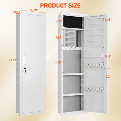 Mirror Jewelry Cabinet, 47.24" Tall Wall Mounted Jewelry Cabinet with Mirror and Light, Large Jewelry Armoire Organizer, Jewelry Storage with Lock & Adjustable Shelves (White