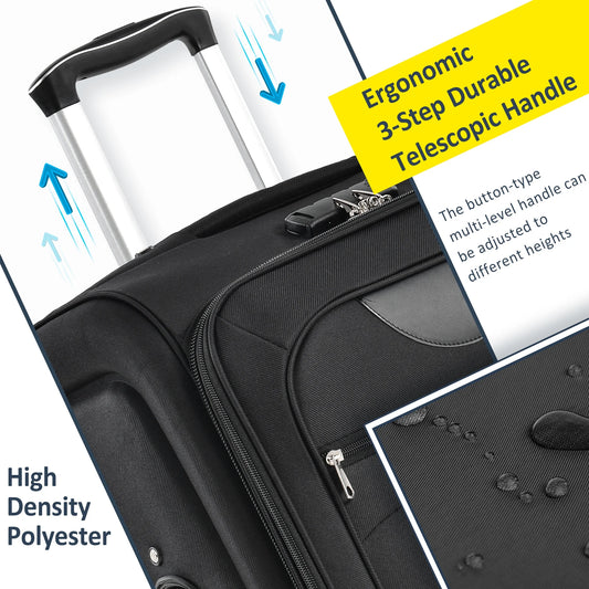 EUROCO 3 Piece Softside Luggage Set,Expandable Suitcase Set with TSA Lock and Spinner Wheels,Lightweight Suitcase for Men Women(20",24",28"),Black
