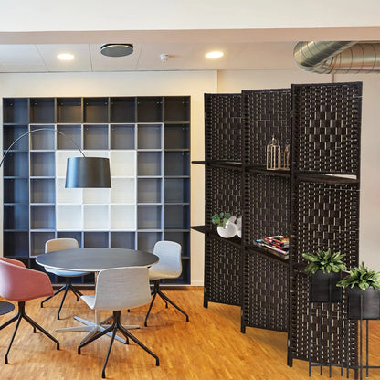 YRLLENSDAN 6 Panel Folding Room Divider with Storage Shelves, Tall Wall Partition, Freestanding Indoor Privacy Screen, Black