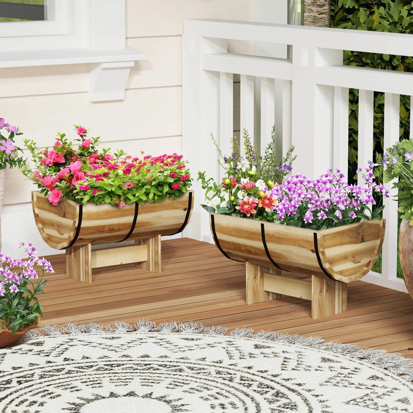 YJETYH Natural Wooden Planter Boxes, 2-Pack 18"x12"x11.5" Acacia Wood & Metal Half Whiskey Barrel Planters, 0.7 Gal Capacity for Indoor & Outdoor