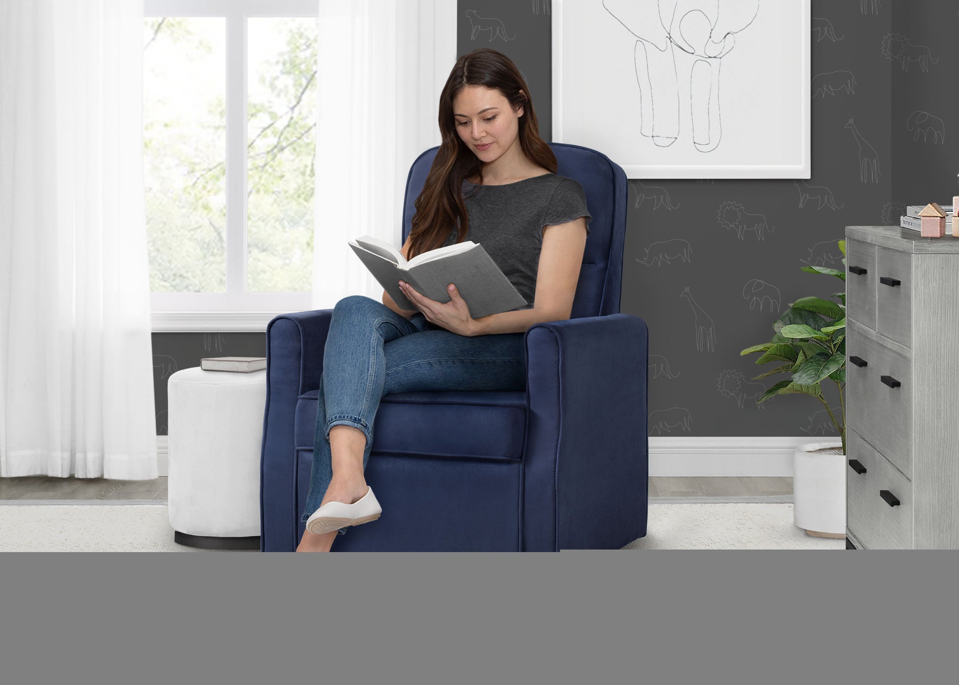 Delta Children Clair Slim Nursery Glider Swivel Rocker Chair. Navy