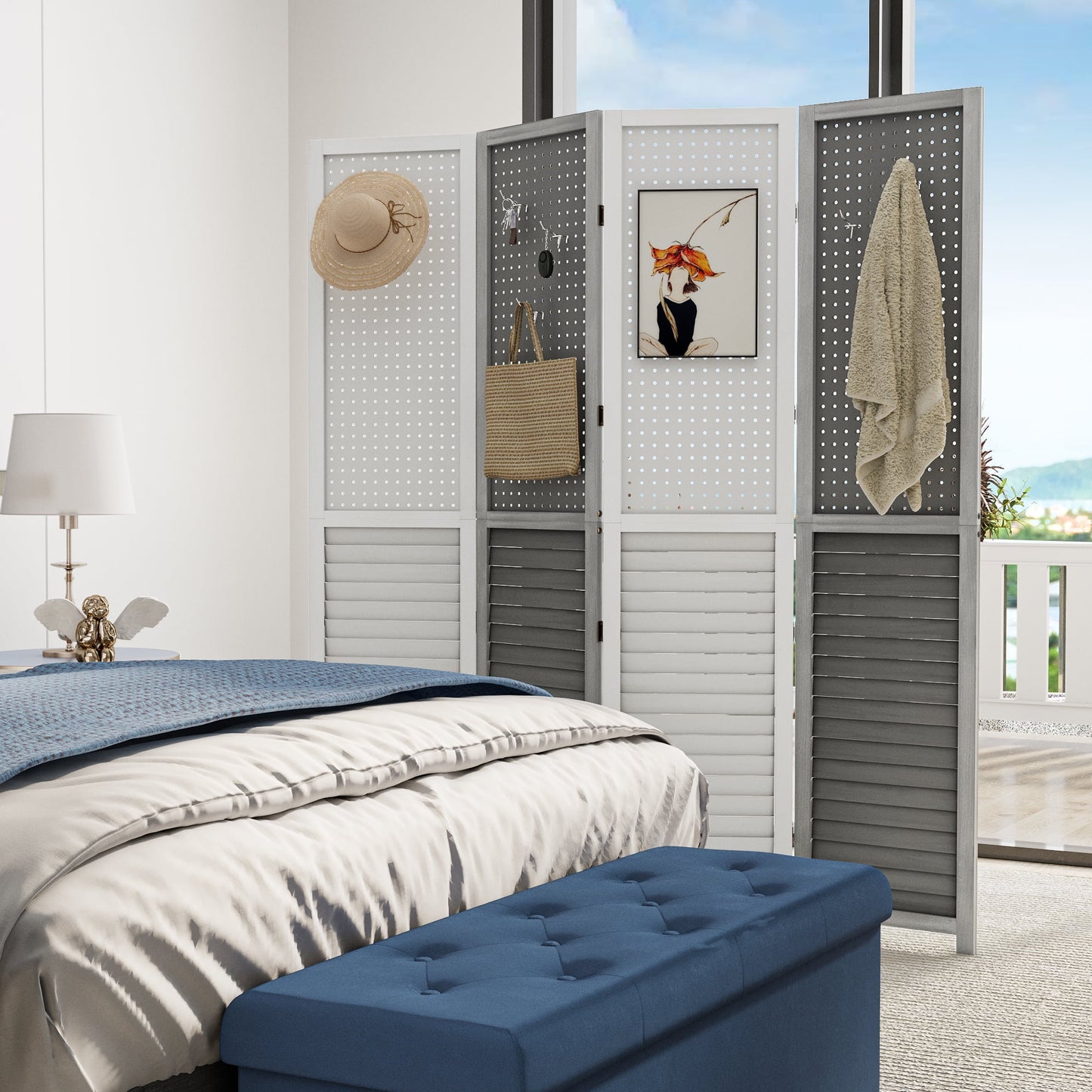 Dextrus Room Divider, 4 Panel Folding Privacy Screens with Pegboard Display, Freestanding Portable Privacy Screen Room Partition for Jewelry, Craft Show, Retail, Living Room, Bedroom