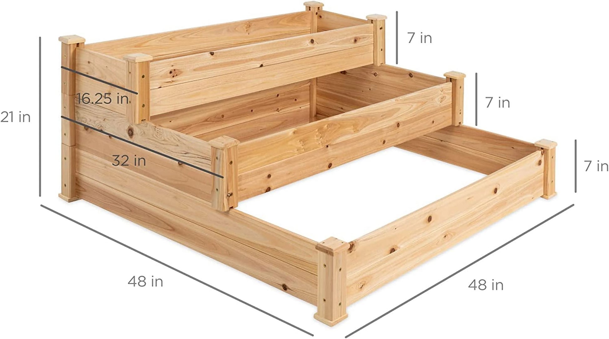 PINDEE 3-Tier Fir Wood Raised Garden Bed Planter Kit for Plants, Herbs, Vegetables, Outdoor Gardening w/Stackable & Flat Arrangement, Easy Assembly - Natural