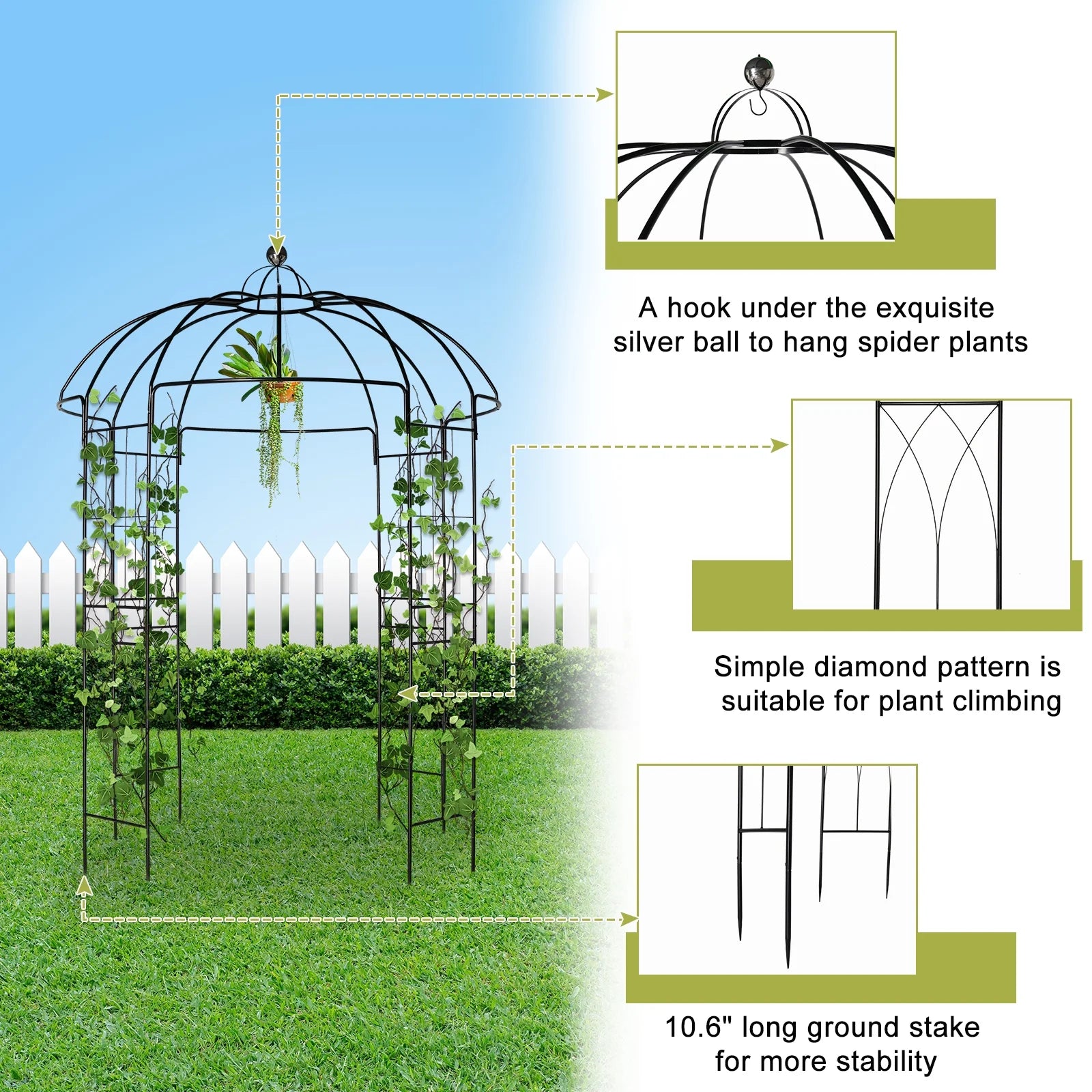 IVV Birdcage Shape Garden Arch, 8.9'Hx6.8'Dia, Pergola Plant Climbing Trellis Arbor Heavy Duty Metal Gazebo Garden Arch for Outdoor Arbor Climbing Plants Backyard Patio Wedding Ceremony, Black