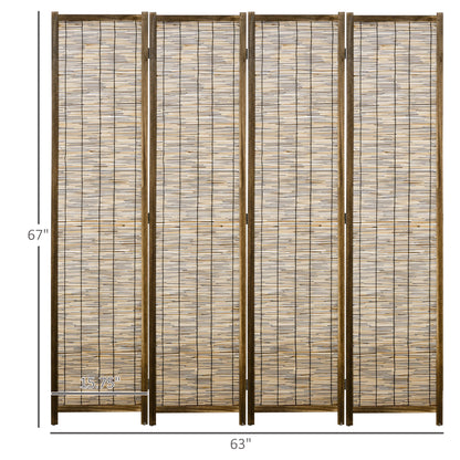 HOMCOM Woven 4 Panel Room Divider, 5.5' Tall Folding Privacy Screen, Brown