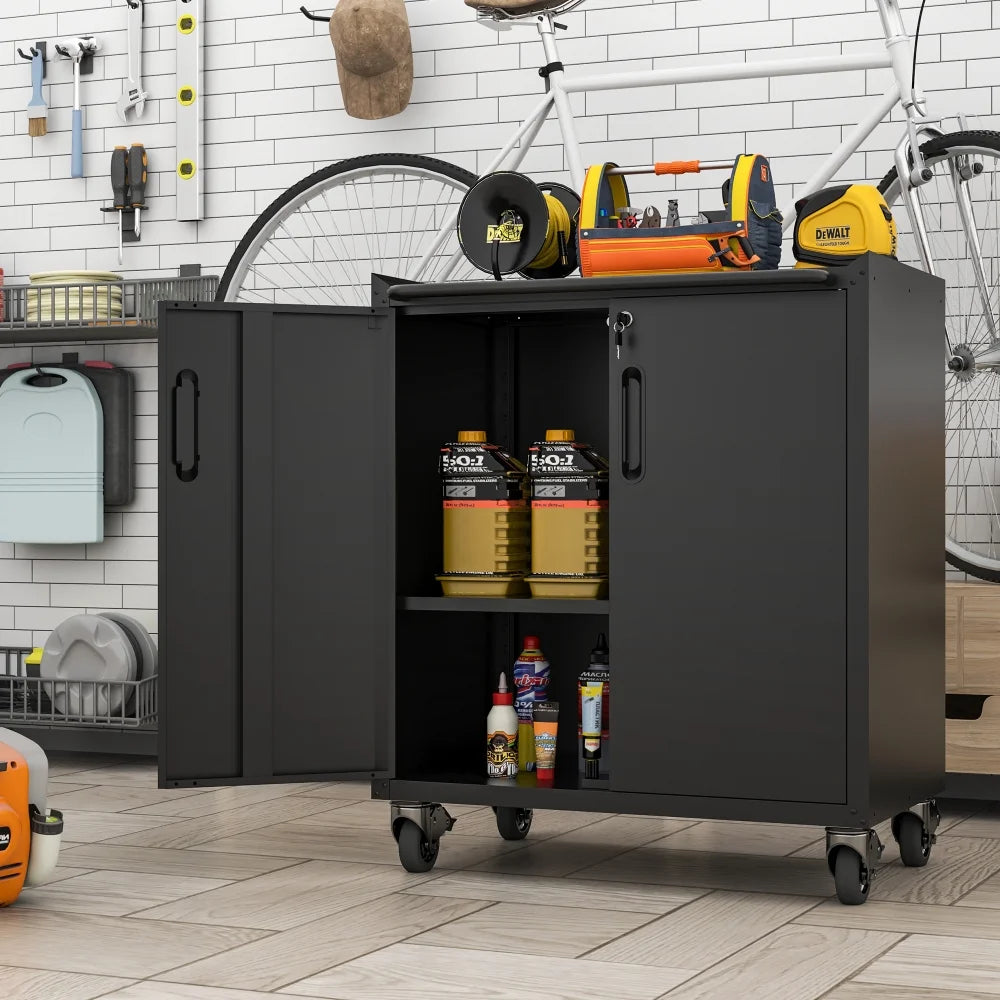 Tcbosik Rolling Storage Cabinet with Storage, Metal Tool Cabinet with Adjustable Shelf and 2 Doors, Lockable Storage Cabinet for Home Office Garage Basement, Black