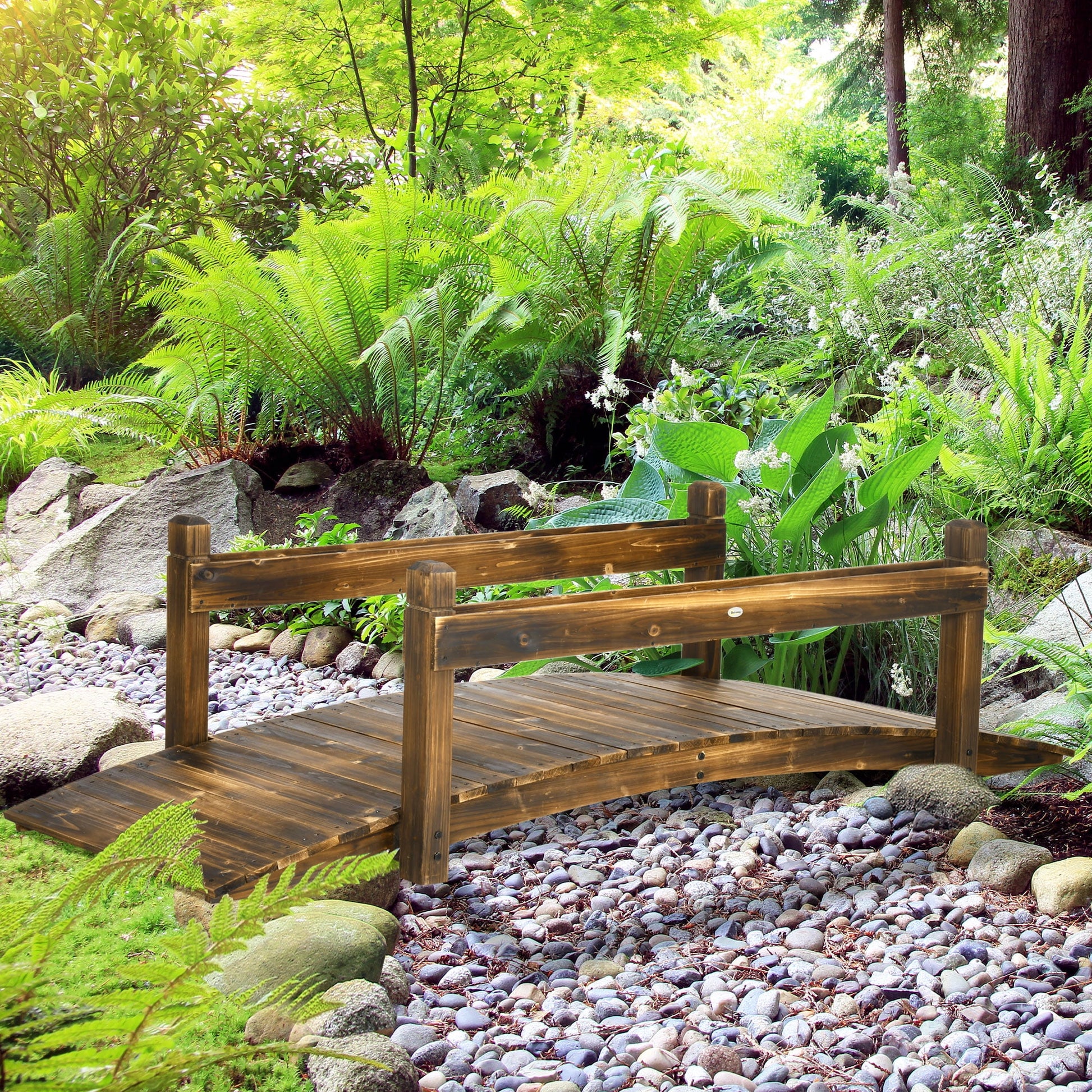 Homiyad 7.5' Wooden Garden Bridge with Planters on Safety Railings, Stained Finish Arc Footbridge for Backyards, Gardens and Streams