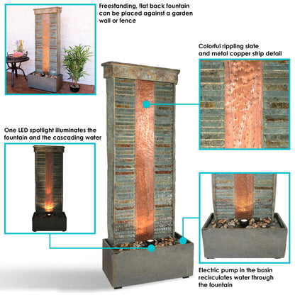 Sunnydaze 48"H Electric Natural Slate with Copper Accents Rippled Column Outdoor Water Fountain with LED Spotlight
