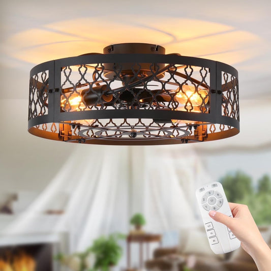 Garwarm 19.6'' Caged Ceiling Fan with Lights, Black Industrial Bladeless Ceiling Fans with Remote, Flush Mount Low Profile Ceiling Fan Fixtures for Home Office,Kitchen, Bedroom,Assembly Require