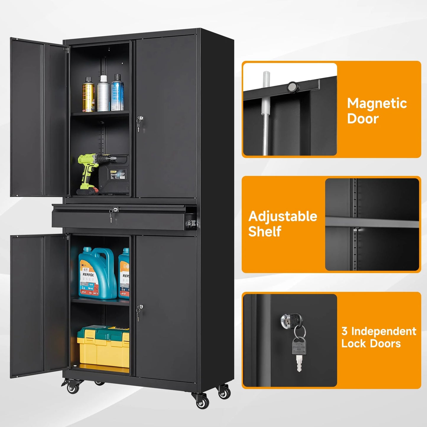 STANI Metal Garage Storage Cabinets with Drawer, 4 Doors Tool Storage Cabinet with 2 Adjustable Shelves, 73"H Rolling Steel Locking Cabinet for Garage Utility Room Home Office (Black, 4 Wheel)