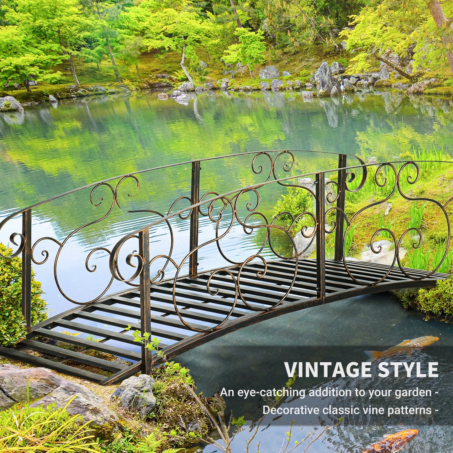 QISHENSHUI 6FT Durable Wooden Garden Bridge - Solid Timber Construction with Sturdy Safety Rails for Stylish Decorative Accents Over Ponds, Streams & Garden Water Features, Bronze