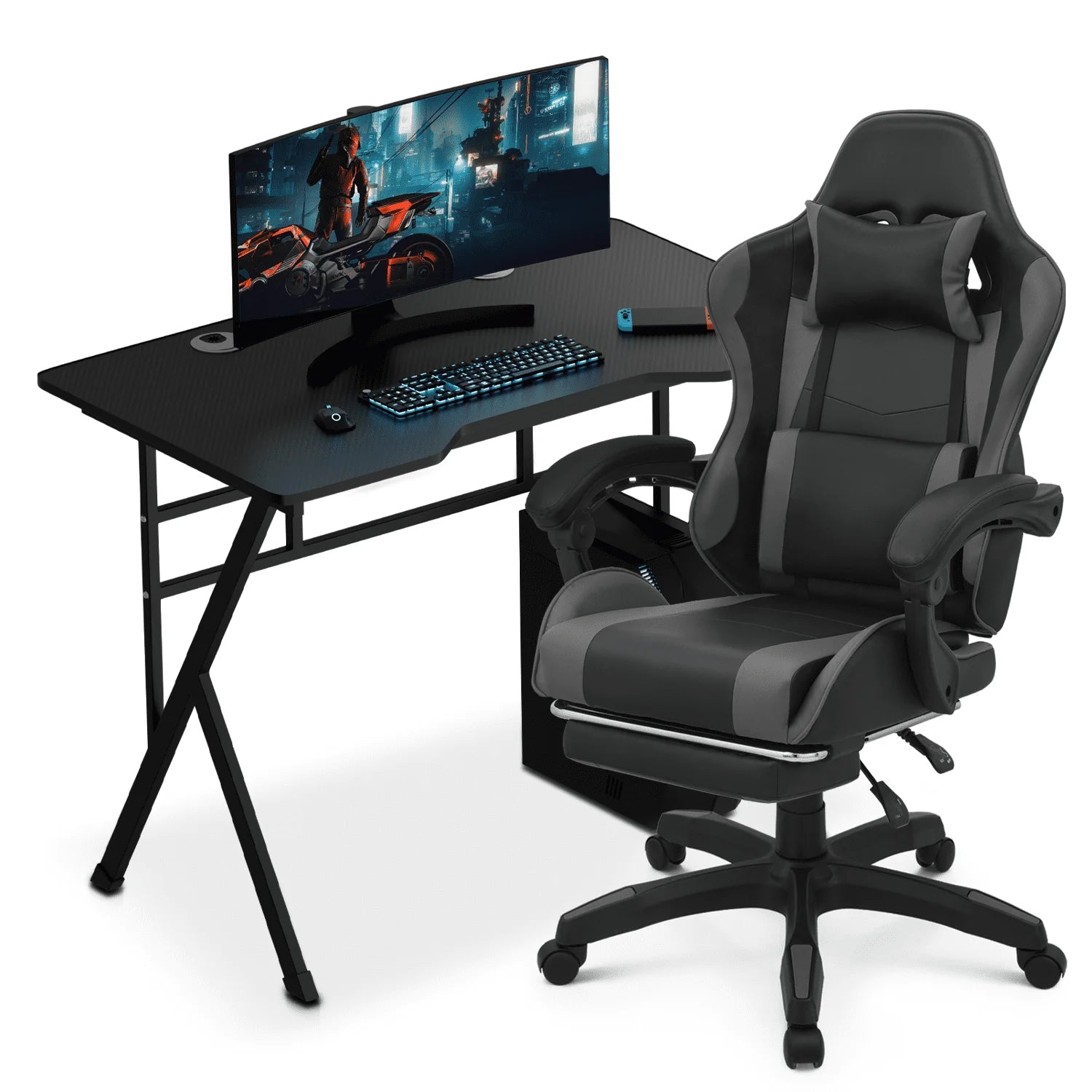MoNiBloom Portable Standing Laptop Table with Host Rack and Ergonomic Gaming Chair with Footrest Recliner for Home Office