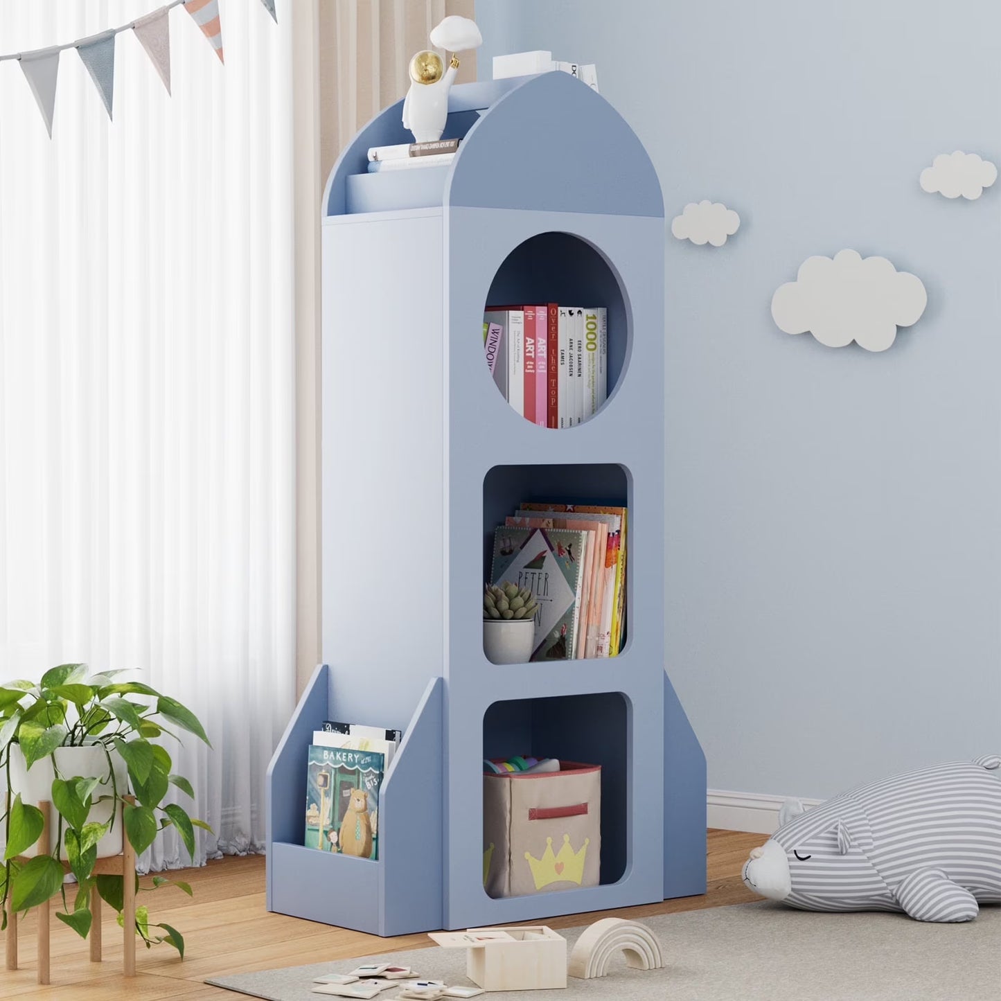 Pirecart Kids Bookshelf 3-Tier Wooden Kids Bookcase with Toy Storage for Bedroom, Playroom, Nursery, Blue