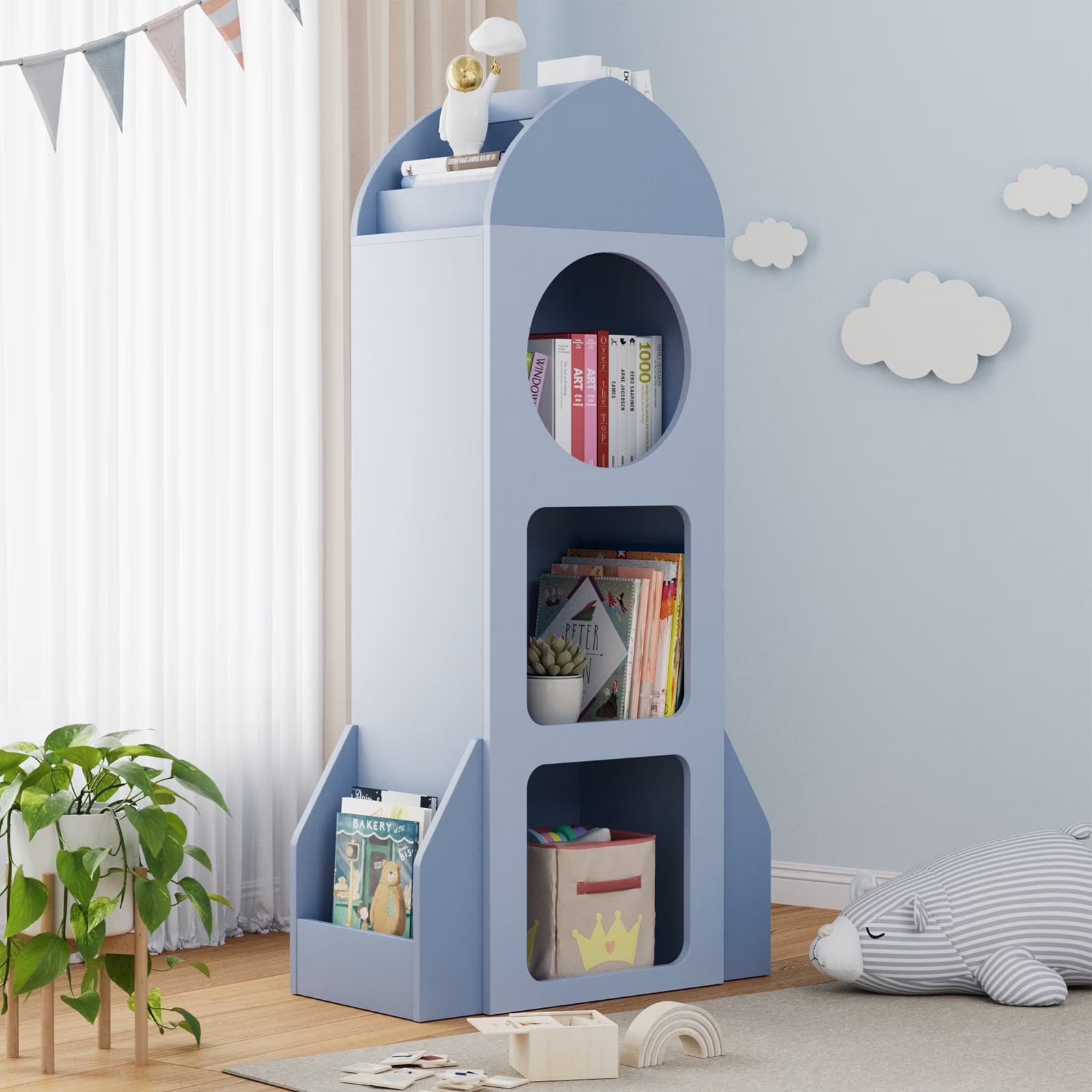 Pirecart Kids Bookshelf 3-Tier Wooden Kids Bookcase with Toy Storage for Bedroom, Playroom, Nursery, Blue