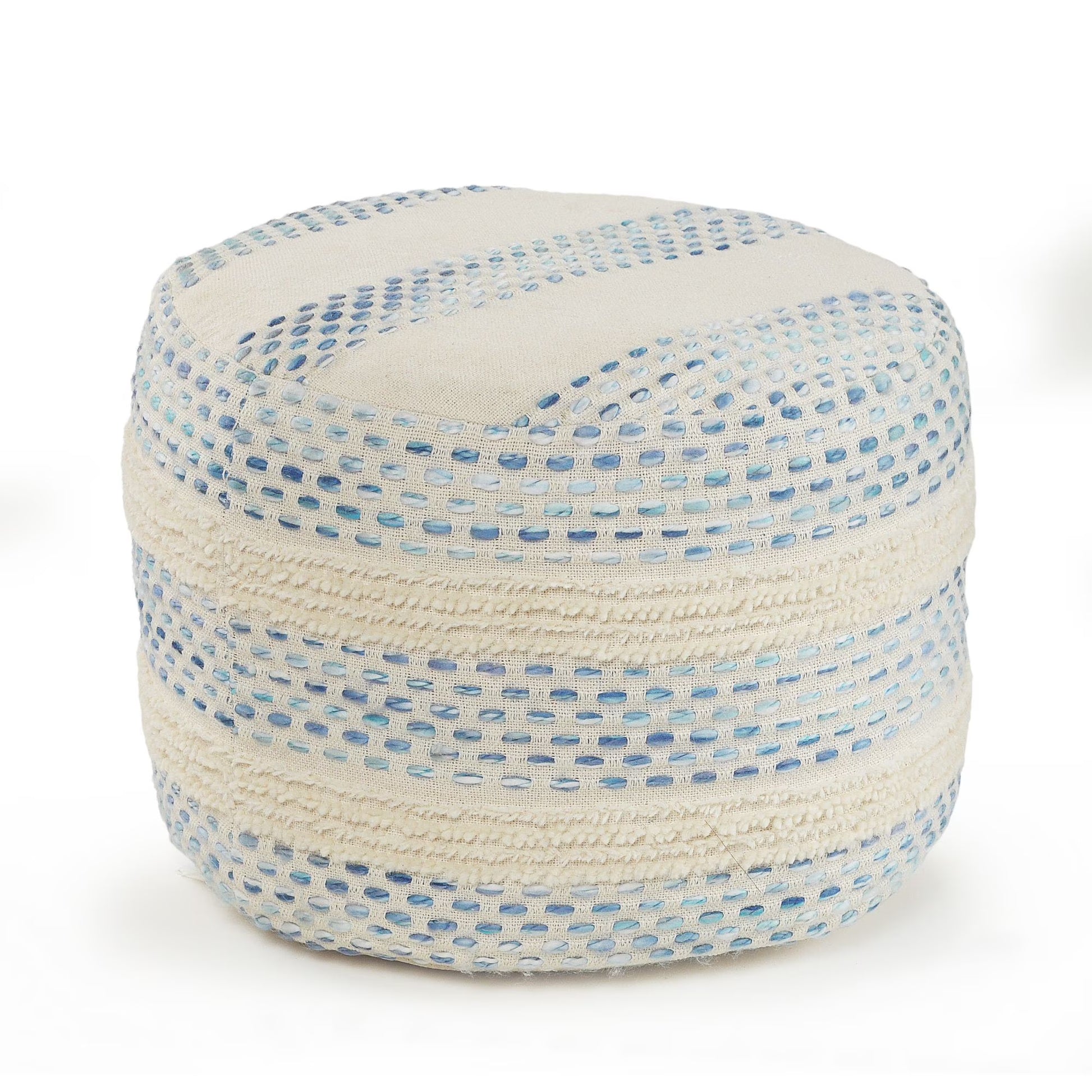 Laddha Home Designs 18" Blue and Cream Tufted Pin Dot Round Pouf Ottoman