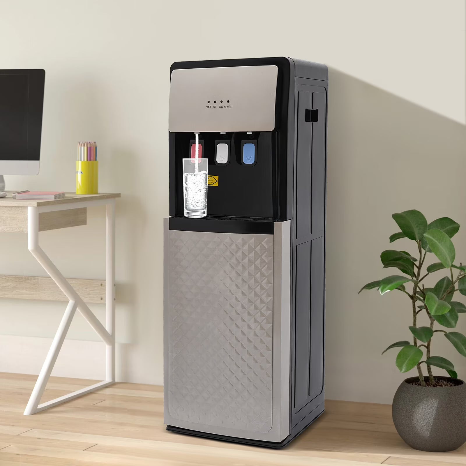 Silver Grey Floor Standing Hot& Cold Water Dispenser with 3 Temperature Settings, Indicator Lights & Removable Drip Tray, for Home Office and Living Room