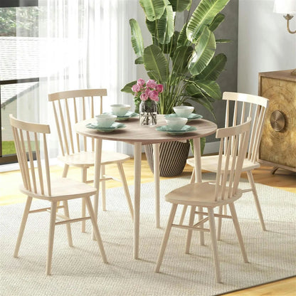 Finihen 35" Solid Wood Rustic Kitchen Table, Drop Leaf Round Dinner Table for Dining Room, Home Office, Living Room Furniture, Beige