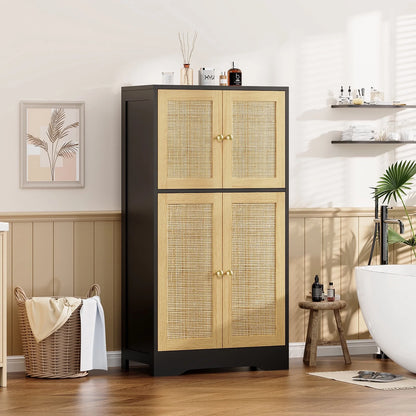 FANGSUM Rattan Cabinet with 4 Doors & Adjustable Shelf, Natural, for Living Room, Home Office