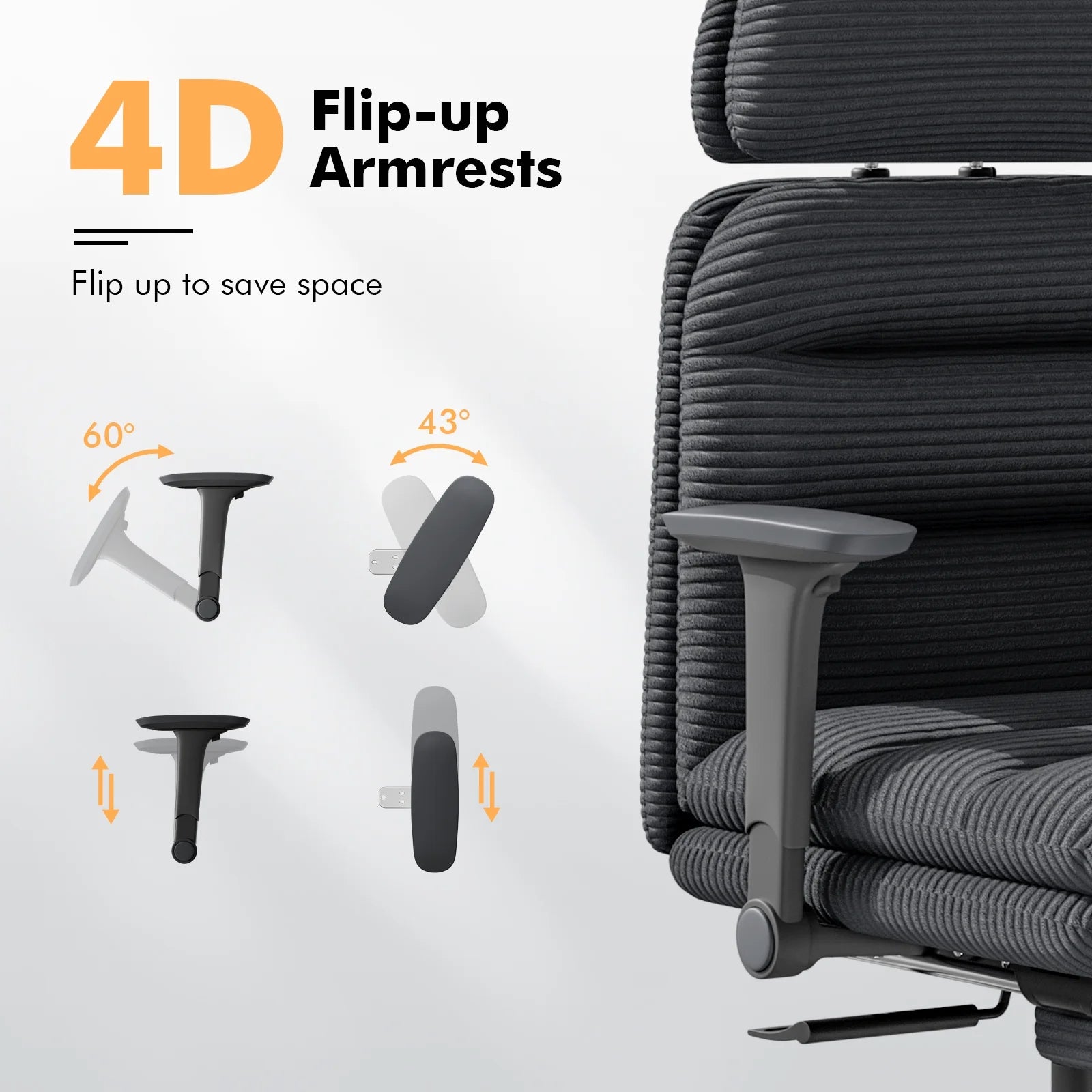 HomeZeer Ergonomic Cross-Legged Office Chair with Footrest & Headrest, Heavy Duty Executive Desk Chair with Flip-up Armrests, Corduroy Fabric Computer Criss Cross Chair for Home Office, Black