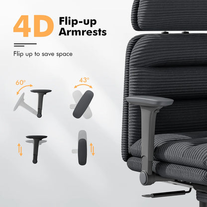 HomeZeer Ergonomic Cross-Legged Office Chair with Footrest & Headrest, Heavy Duty Executive Desk Chair with Flip-up Armrests, Corduroy Fabric Computer Criss Cross Chair for Home Office, Black