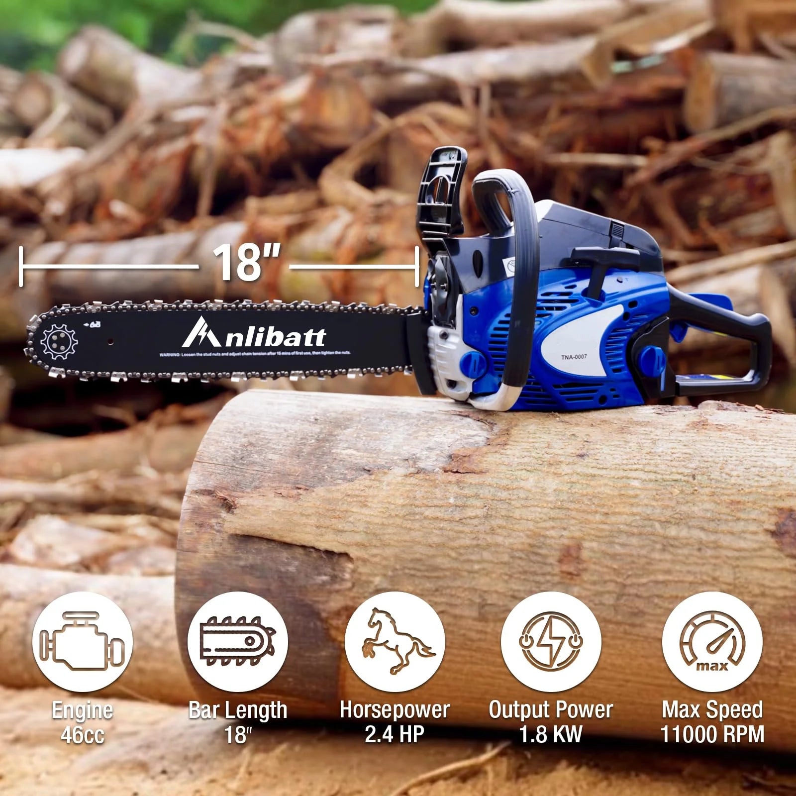 ANLIBATT Gas Chainsaw 18" 46cc 2.4HP 2-Cycle Gasonline Powered Handheld Cordless Chain Saw Petrol Automatic Oiler for Farm Garden Trees Wood Cutting