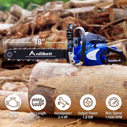 ANLIBATT Gas Chainsaw 18" 46cc 2.4HP 2-Cycle Gasonline Powered Handheld Cordless Chain Saw Petrol Automatic Oiler for Farm Garden Trees Wood Cutting
