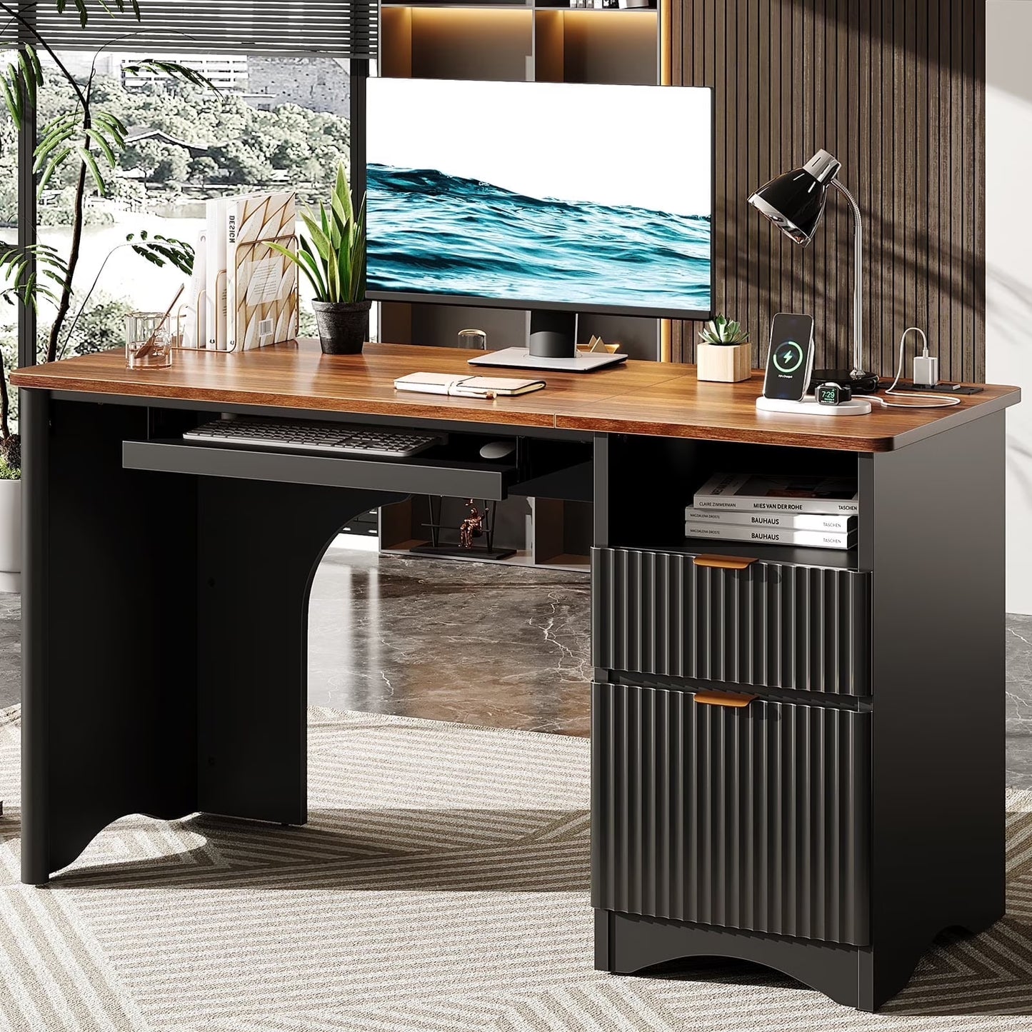 Bestier 55" Computer Writing PC Desk Home Office with Power Outlets Keyboard Tray and Storage Drawers, Log
