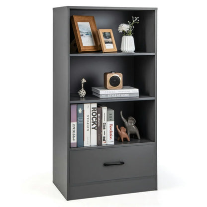 Spaco 48 Inch Tall 4 Tiers Wood Bookcase with Drawer-Gray, Tall Bookshelf, Shelves for Living Room, Home Office, Bedroom, Balcony