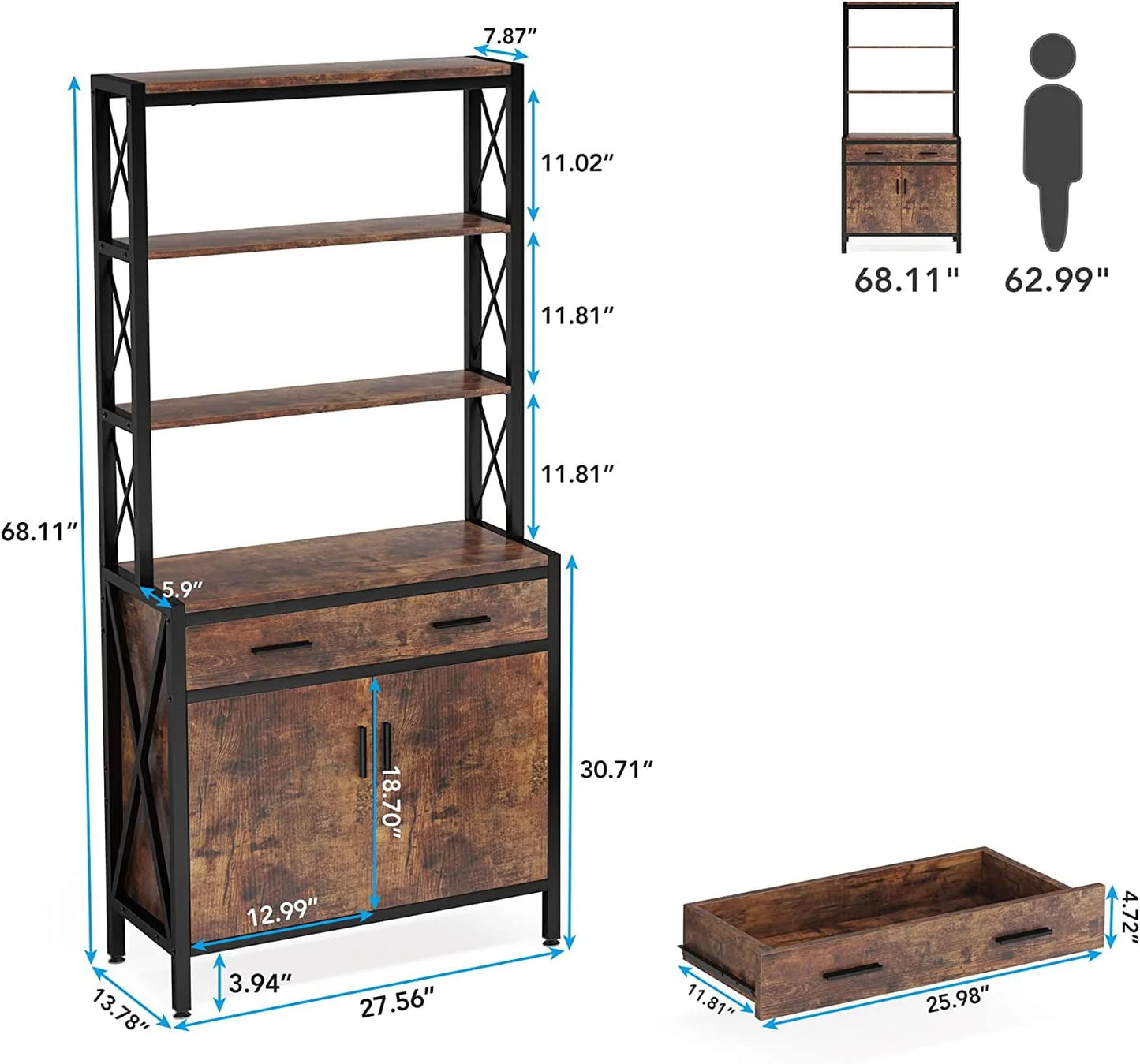 Tribesigns Bookshelf with Drawer, 4 Tier Bookcase with Doors Cabinet for Living Room, Home Office, Rustic Brown & Black
