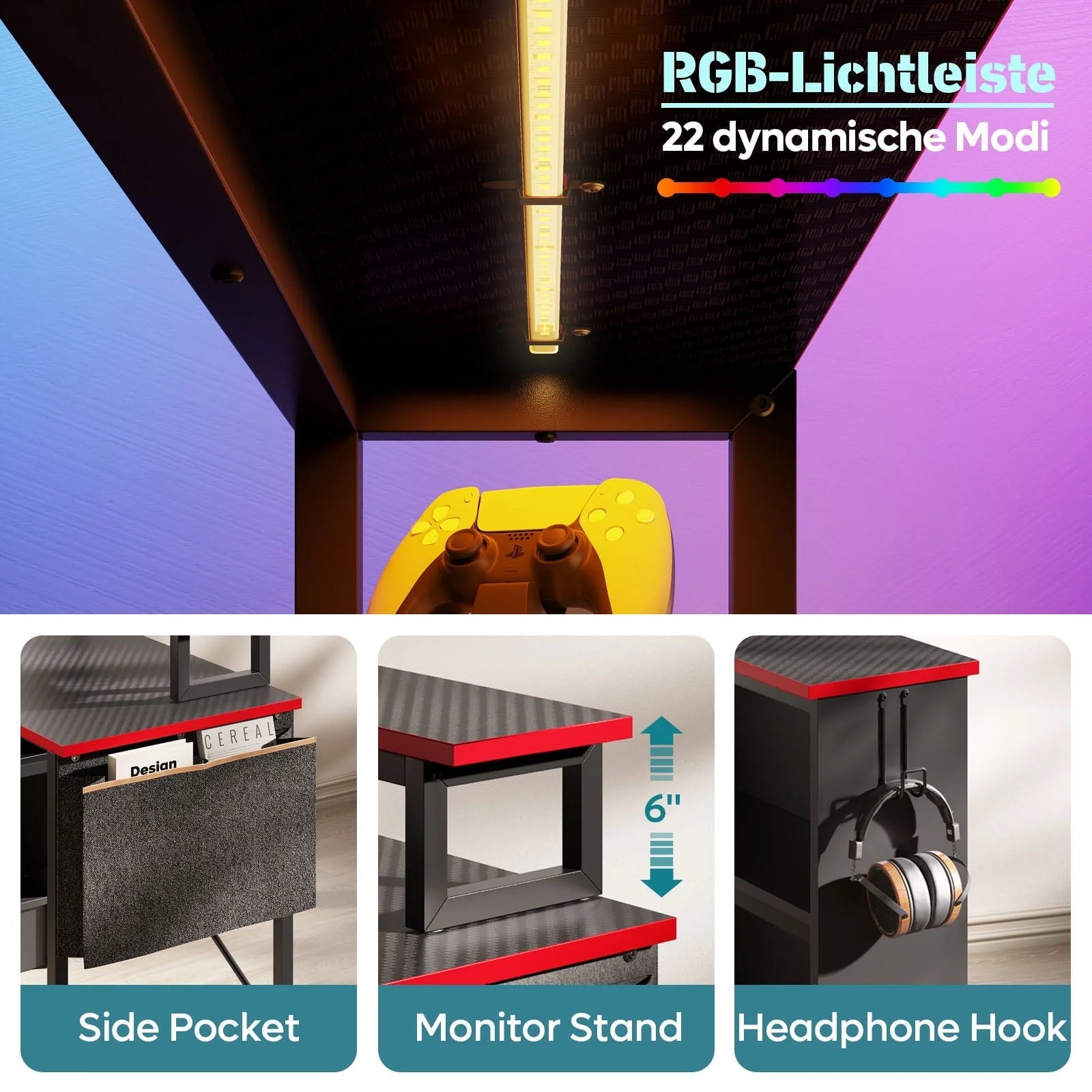 Bestier 42" L-shaped Computer Desk with Shelves LED Gaming Desk Corner Desk for Home Office, Carbon Fiber