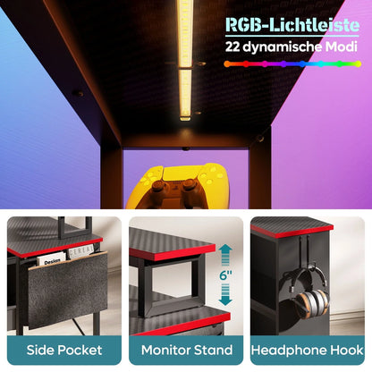Bestier 42" L-shaped Computer Desk with Shelves LED Gaming Desk Corner Desk for Home Office, Carbon Fiber