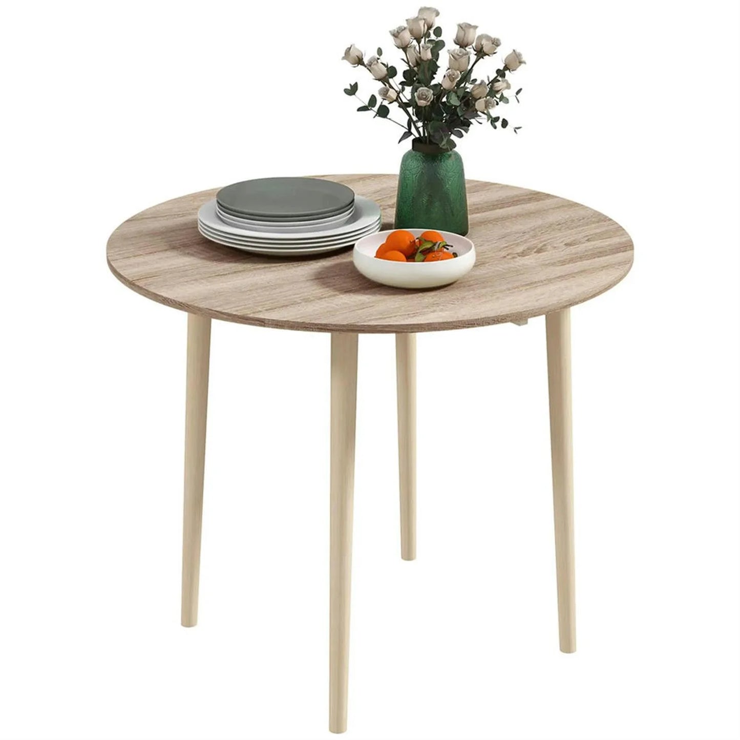 Finihen 35" Solid Wood Rustic Kitchen Table, Drop Leaf Round Dinner Table for Dining Room, Home Office, Living Room Furniture, Beige