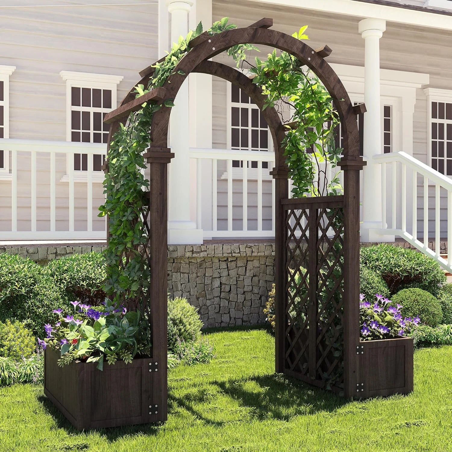 Wooden Garden Arbor with Planter& Swing,Outdoor Arbor Trellis for Climbing Plants, Roses, Vines, Outside Pergola Planter, Garden Arch for Lawn Backyard Wedding Ceremony Bridal Party