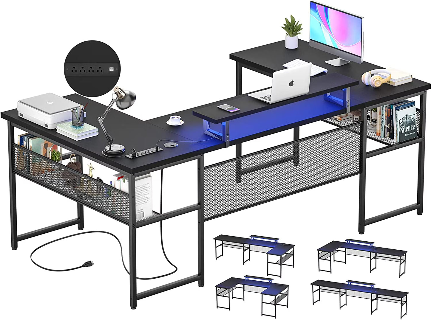 Homieasy U Shaped Desk with Power Outlet and LED Strips, 129.9'' Ergonomic L-Shaped Gaming Desk with Monitor Stand, Reversible Corner Computer Desk with Storage Shelf for Home Office, White Oak