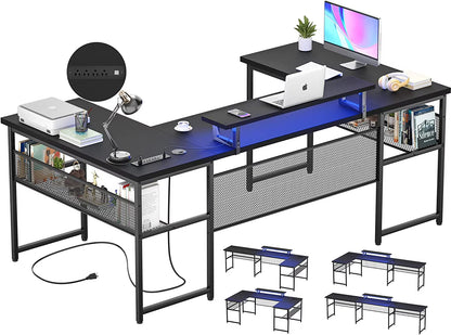 Homieasy U Shaped Desk with Power Outlet and LED Strips, 129.9'' Ergonomic L-Shaped Gaming Desk with Monitor Stand, Reversible Corner Computer Desk with Storage Shelf for Home Office, White Oak