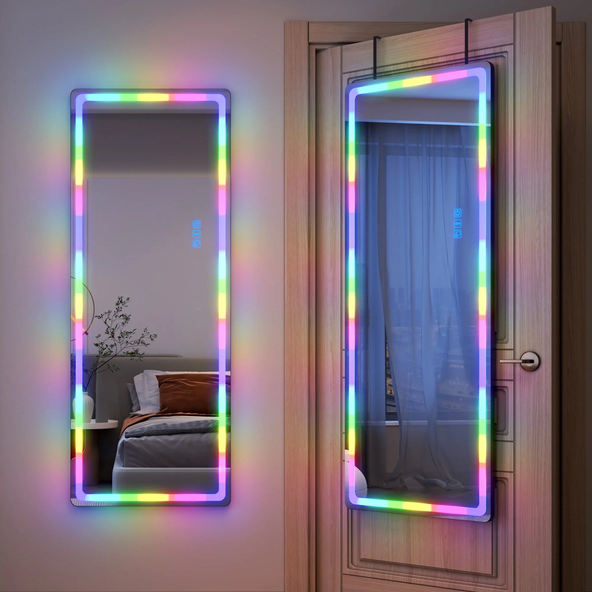 LVSOMT 47"x18" RGB LED Mirror, Over The Door Lighted Mirror, Full Length with Lights, Wall Mounted Hanging Mirror, Full Body Dressing Mirror, Light Up Mirror for Bedroom Living Room, Black