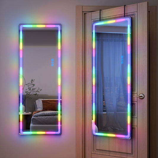 LVSOMT 47"x18" RGB LED Mirror, Over The Door Lighted Mirror, Full Length with Lights, Wall Mounted Hanging Mirror, Full Body Dressing Mirror, Light Up Mirror for Bedroom Living Room, Black