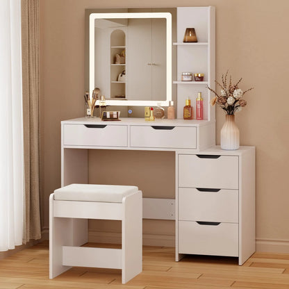 Bedroom Furniture Set - Includes Queen Bed Frame, Nightstands Set of 2, 5-Drawer Dresser & Vanity Desk - Modern Storage Solution for Stylish Home Decor, Beige/White