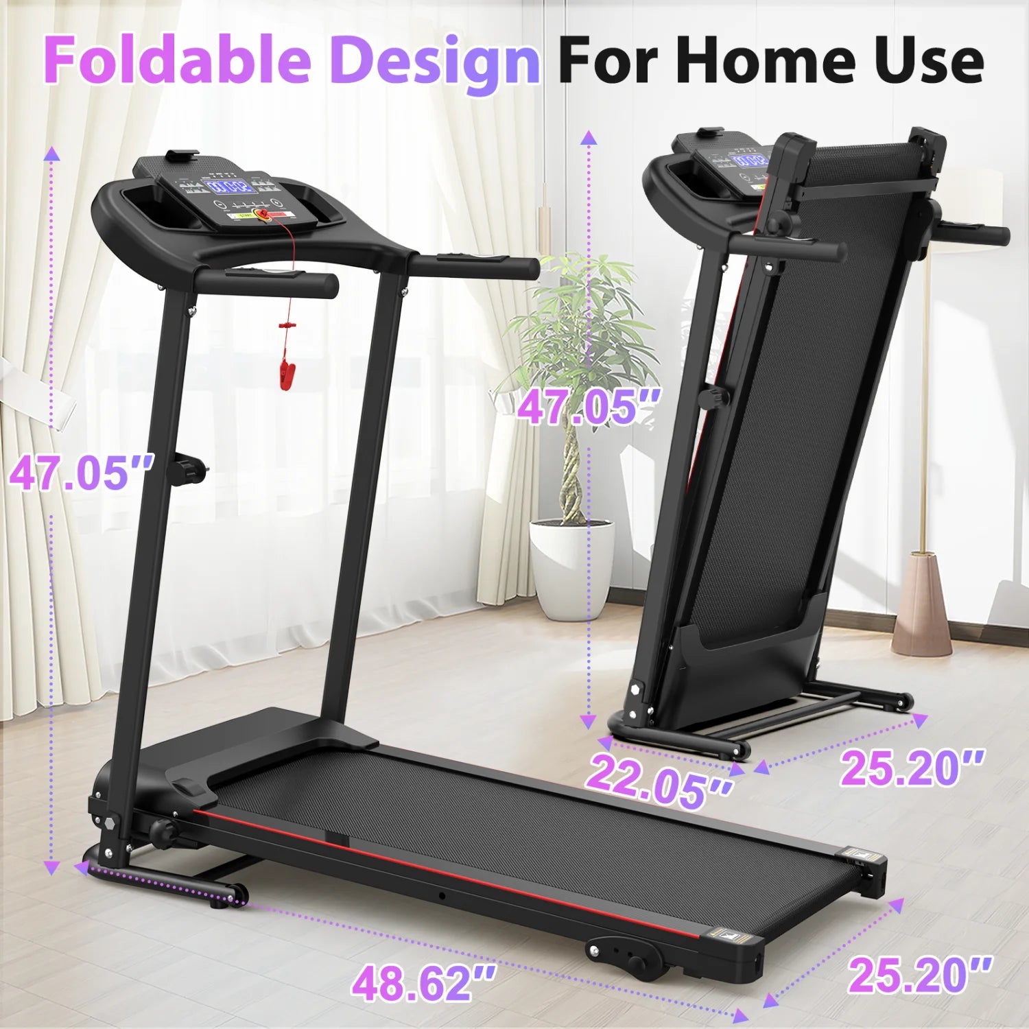 SWERTOY 2.5HP Foldable Treadmill with 3-Level Manual Incline Treadmill LED Display for Home Office 265lbs Capacity Walking Pad Jogging Running Machine