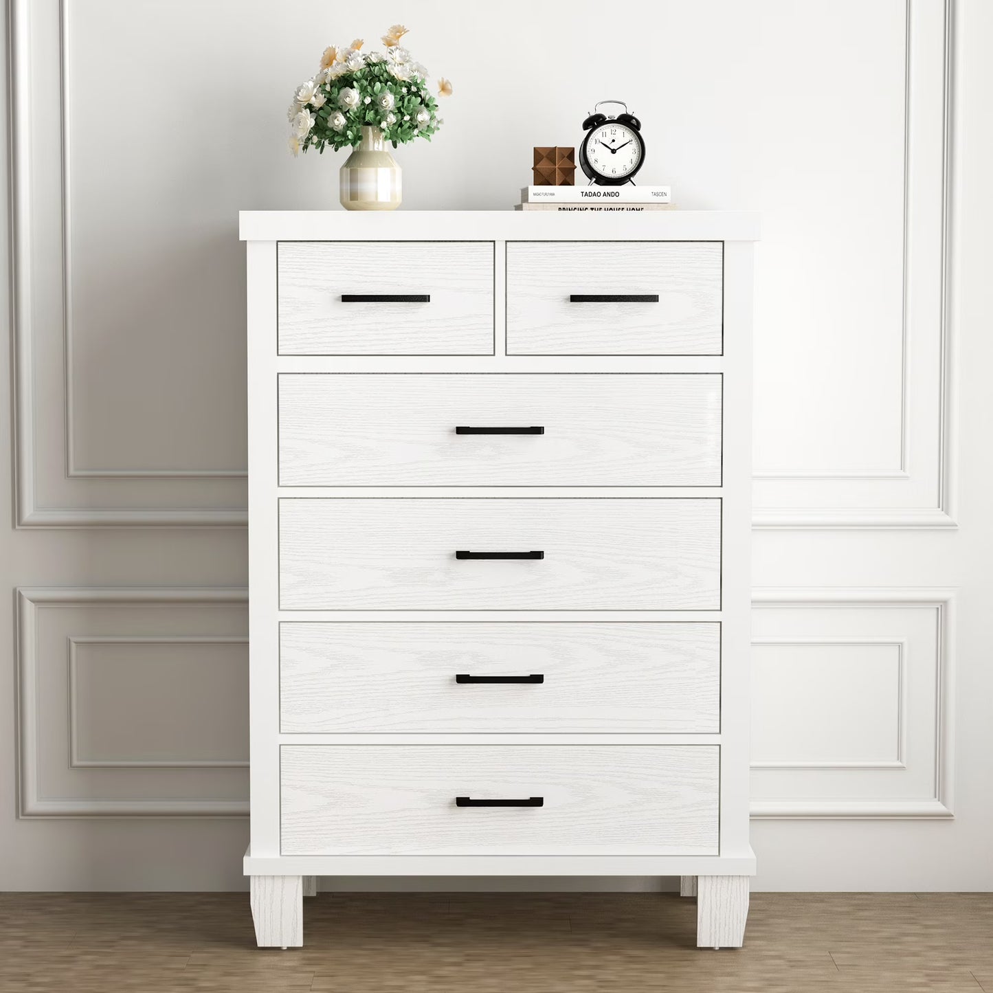 Homhougo White Dresser for Bedroom 6 Drawer, Wood Organizer Storage Cabinet with Gray Strip Drawer Door, Chest of Drawers for Closet, Living Room, Hallway, Nursery, Kids Bedroom