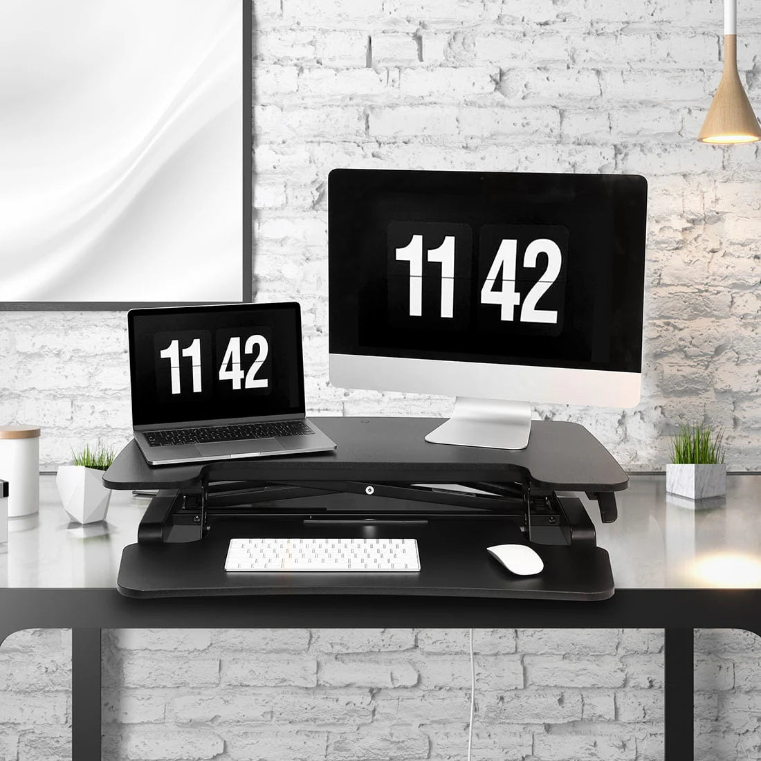 FLEXISPOT Home Office Height Adjustable Standing Desk Converter Black 32" U-Shape with Keyboard Tray