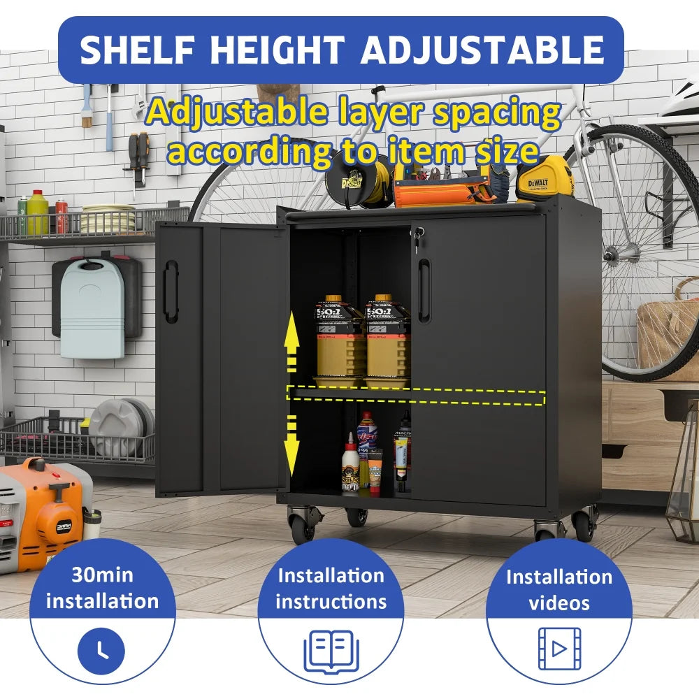 Tcbosik Rolling Storage Cabinet with Storage, Metal Tool Cabinet with Adjustable Shelf and 2 Doors, Lockable Storage Cabinet for Home Office Garage Basement, Black