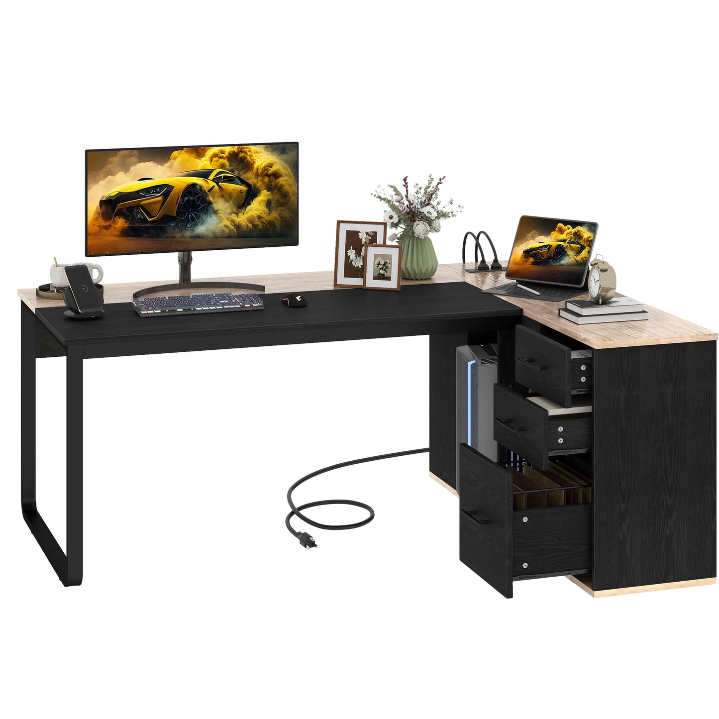 Uforic 71" L-Shaped Desk File Cabinet, Computer Desk with Power Outlets, Executive Desk for Home Office
