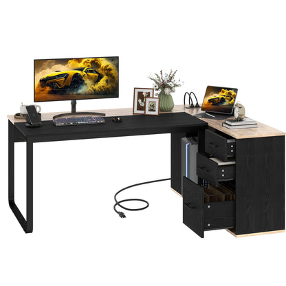 Uforic 71" L-Shaped Desk File Cabinet, Computer Desk with Power Outlets, Executive Desk for Home Office